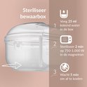 Steriliseer- en bewaarbox voor fopspeen, met instructies voor sterilisatie in de magnetron.