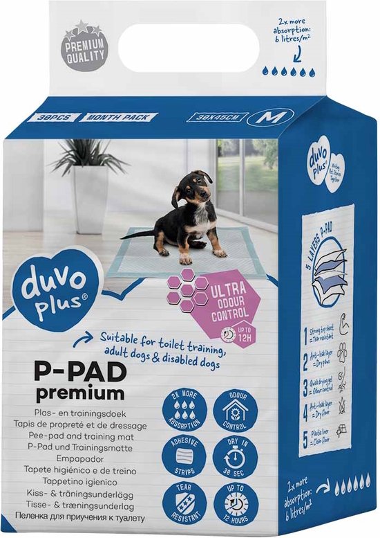 Verpakking van 30 Duvo+ P-PAD premium trainingsdoekjes, maat M (30x45cm), met een puppy. Met "ULTRA ODOUR CONTROL".