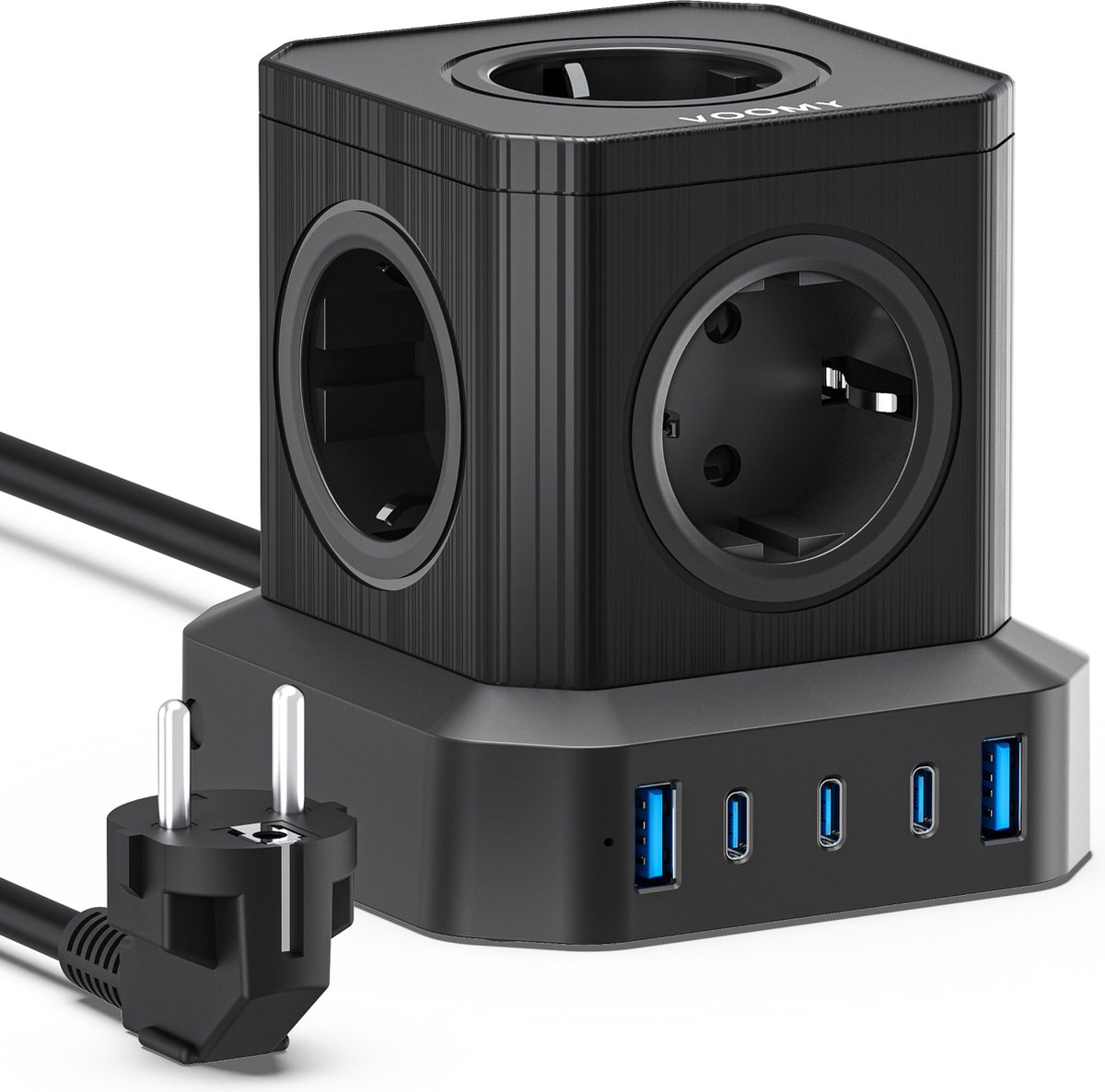 Voomy Cube 65W Stekkerdoos - 3 USB-C & 2 USB-A Poorten - 5 Stopcontacten - Aan / Uit schakelaar - Snellader voor Laptop, Telefoon & Tablet - Powercube - Oplader, Adapter, Verlengsnoer - Zwart