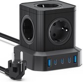 Voomy Cube 65W Stekkerdoos - 3 USB-C & 2 USB-A Poorten - 5 Stopcontacten - Aan / Uit schakelaar - Snellader voor Laptop, Telefoon & Tablet - Powercube - Oplader, Adapter, Verlengsnoer - Zwart