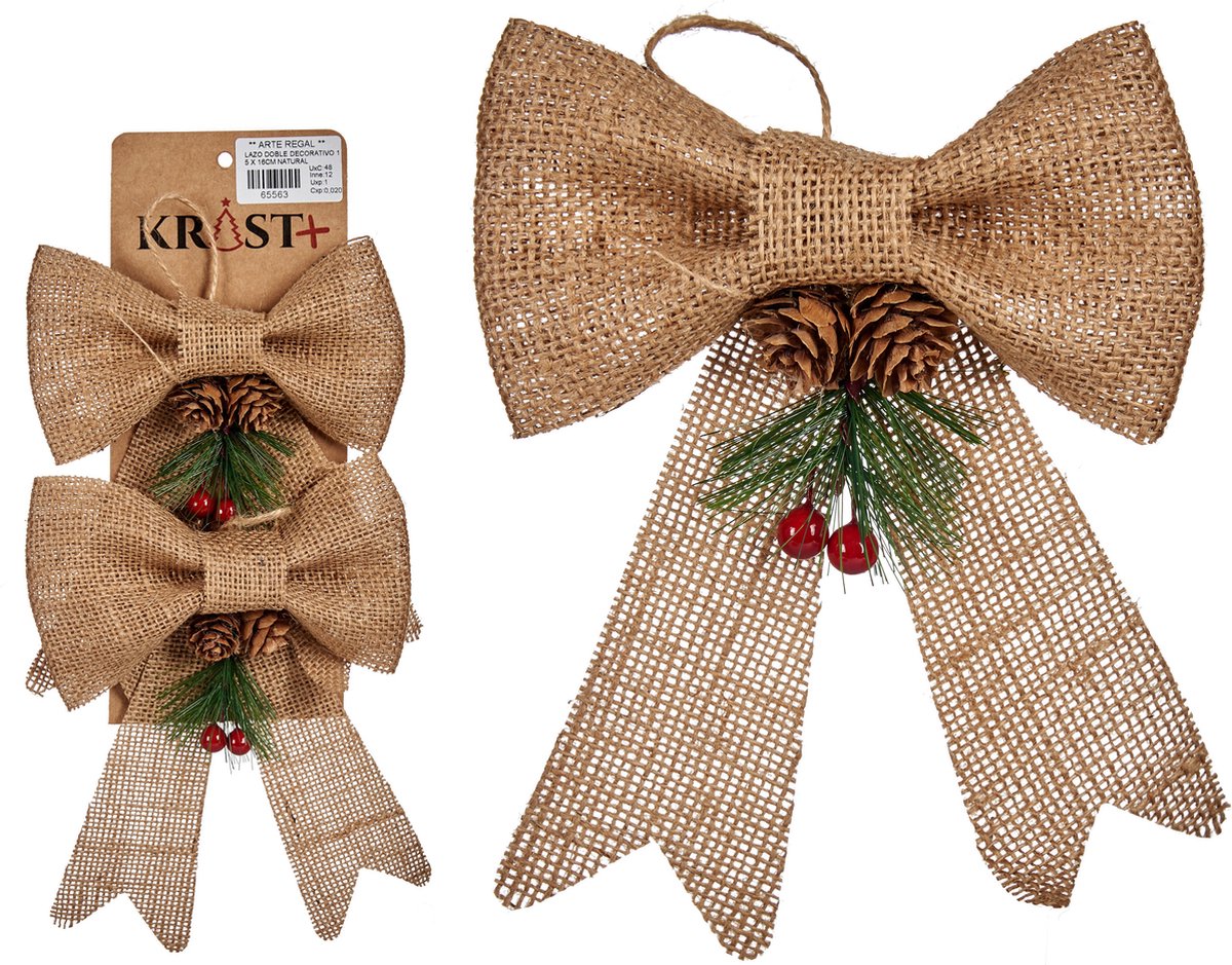 Krist+ Kerststrikjes kersthangers - 2x - beige glitters - 15 x 16 cm - jute - kerstversiering - kerstboomversiering