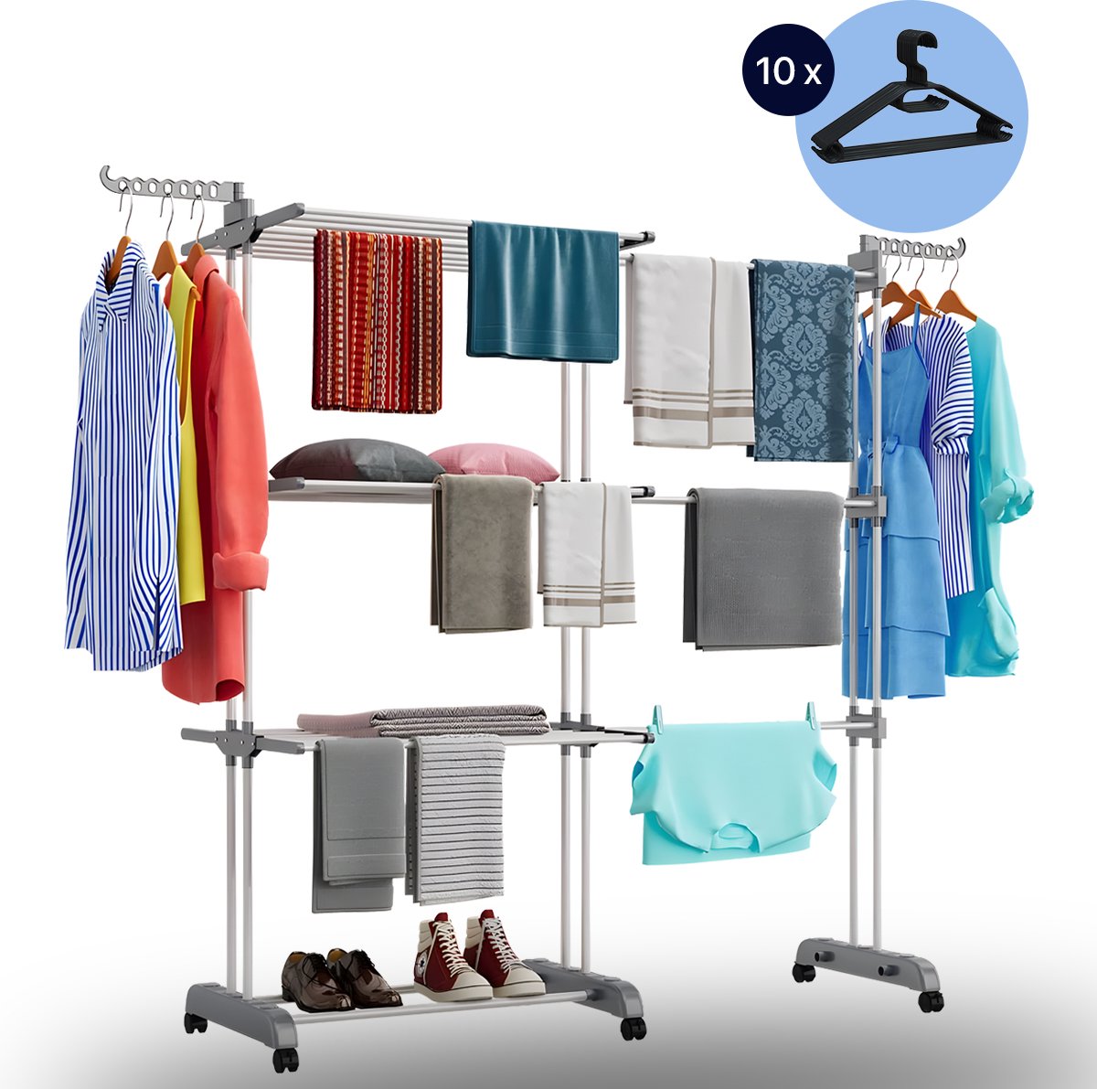 Goedkoopste Inklapbaar Droogtoren – uitschuifbaar Wasrek – verplaatsbaar – 4 Verdiepingen – Wastoren Staand – Droogrek op Wielen - Grijs - Gratis kledinghangers