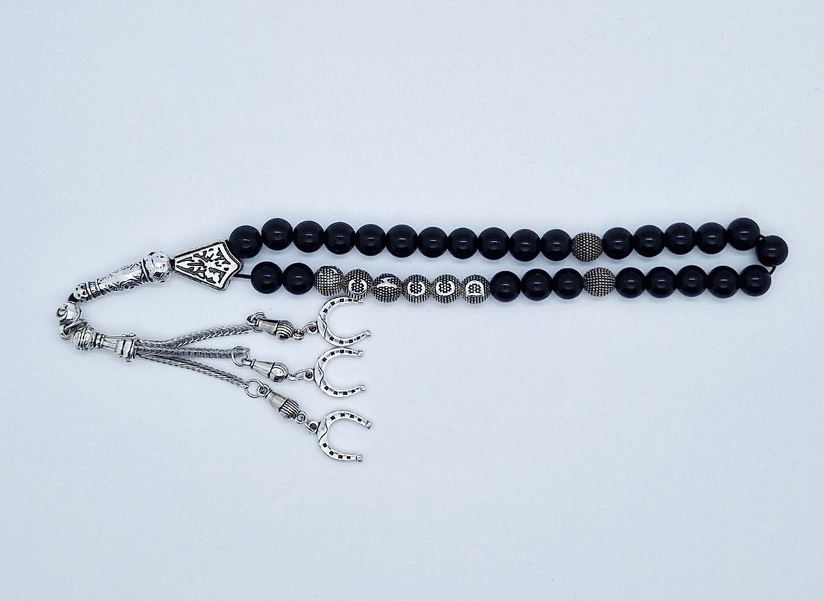 Handgemaakte naam tasbih 33 Kralen Natuursteen “Obsidian” - met metaal tassel “Hoefijzer"- Met je naam of de naam van uw geliefde- 8 mm diameter van de korrel