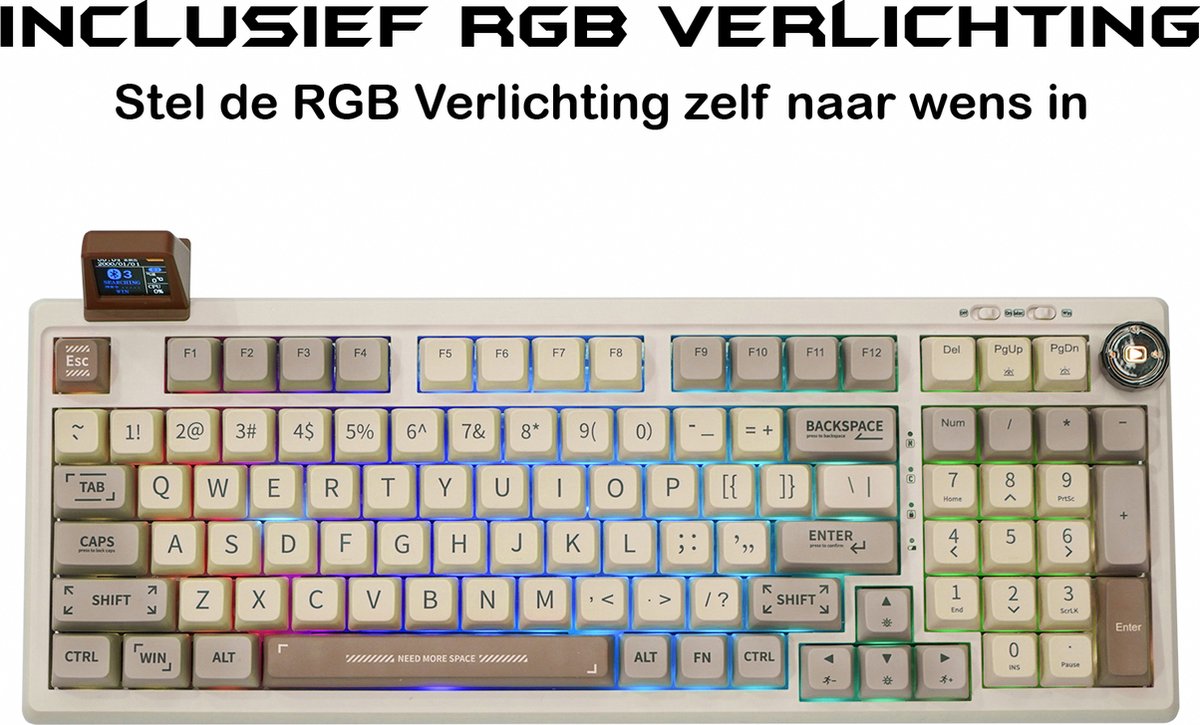 EPOMAKER RT100 - Retro White - Mechanisch Draadloos Toetsenbord - 95% - QWERTY - Retro Mechanical Keyboard met Draaiknop en Mini Scherm - Flamingo Switch thumbnail 4