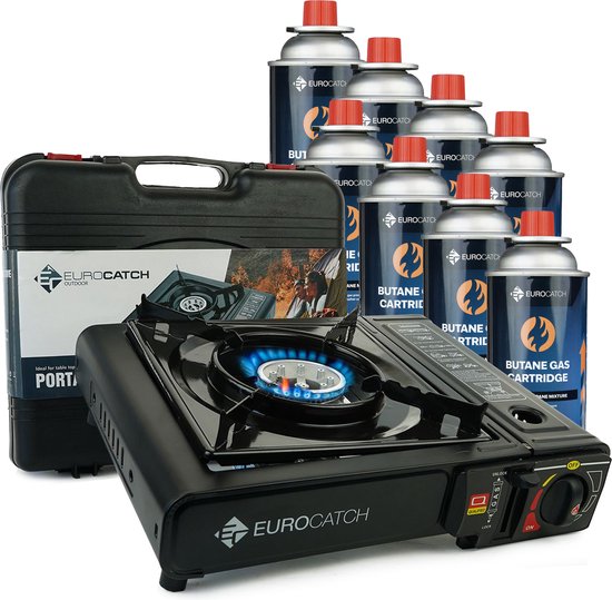 Eurocatch Outdoor - Kooktoestel op Gas - incl. 8 Butaan Gasbussen - Gas Stove - Camping Kooktoestel - Gaspit - Gasfornuis - Gasstel - Cooker - Draagkoffer