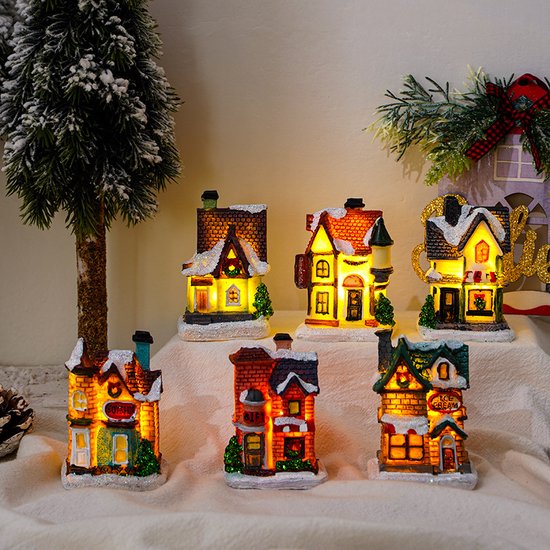 6 pièces Maisons de Noël Illuminées - Miniatures d'ambiance avec LED- Siècle des Lumières- Décoration Ambiance Chaleureuse pour les Fêtes
