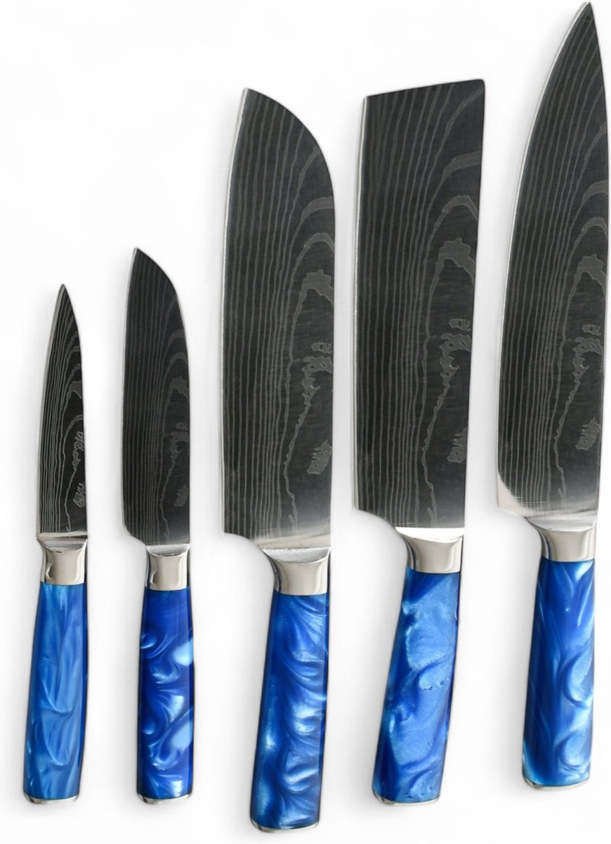 KAAMUT® 5-delige Messenset Damascus Look – Handgesmeed – Vlijmscherp – Professionele Koksmessen – Handvat van Saffierblauwe Epoxy