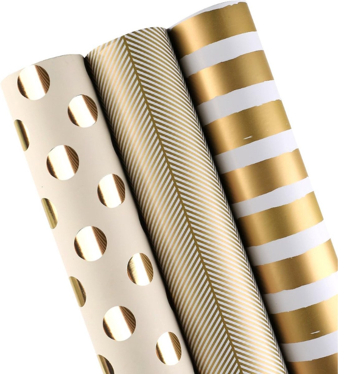Papieren rol Cadeauverpakking Gouden Print Voor Verjaardag Vakantie Bruiloft Geboortecadeau 3 Rollen 76 x 305 cm per rol