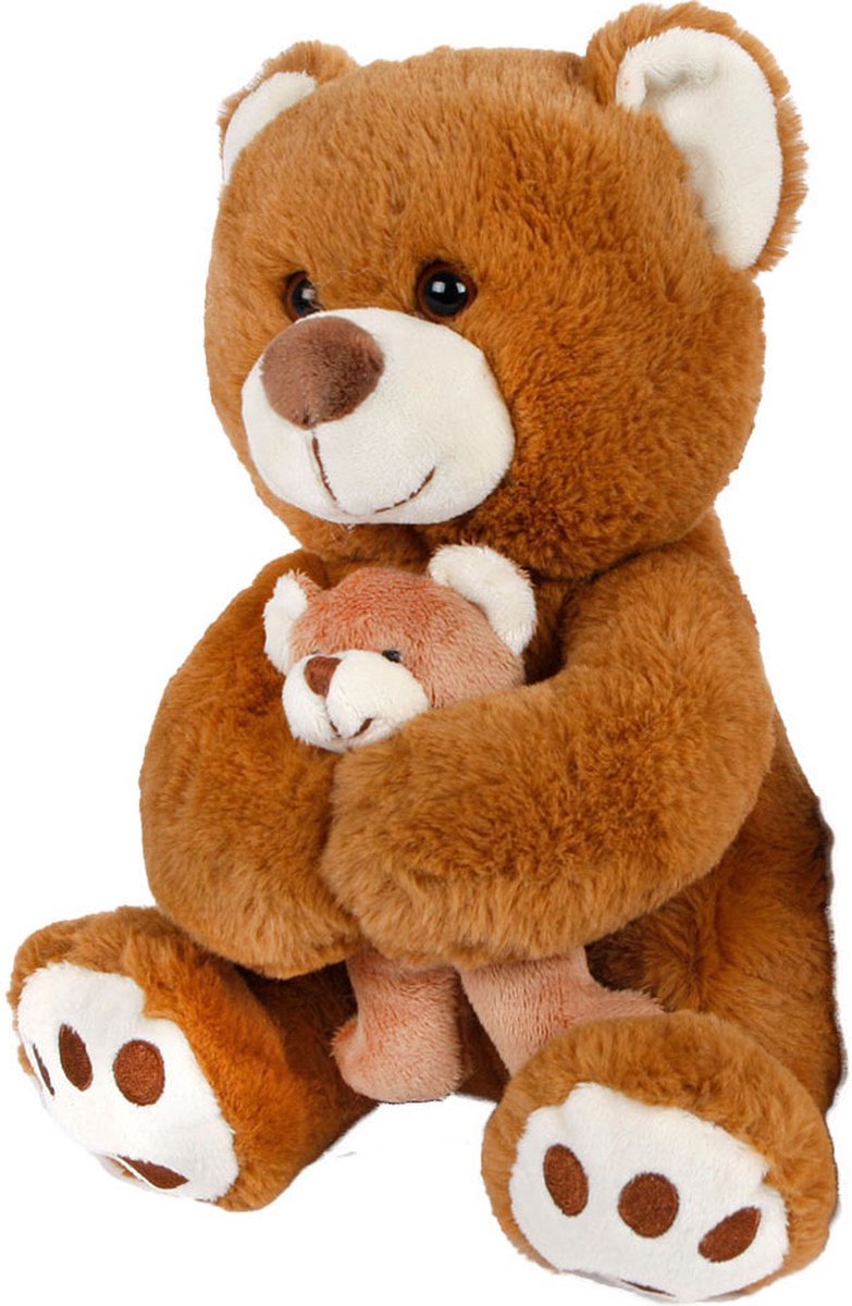 Knuffel pluche Moederbeer met welp - donkerbruin - 25 cm