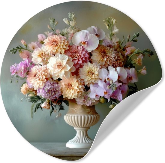 WallCircle® - Behangcirkel 30x30 cm - Muurstickers Orchidee - Boeket - Vaas - Bloemen - Muurcirkel woonkamer - Wandcirkel slaapkamer - Kamer decoratie zelfklevend - Muurdecoratie accessoires