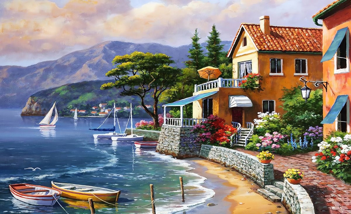 5D Diamond Painting Vierkante steentjes - Painting maat 50x70cm - Volledige bedekking - Complete set - Strandhuisjes-1