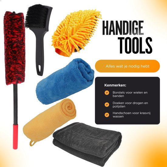 Handige auto-onderhoudstools, waaronder een rode velgenborstel, een zwarte borstel, een gele microvezel handschoen, een blauwe en oranje microvezeldoek, en een grijze microvezeldoek.