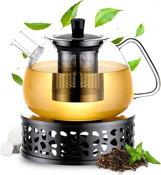 Élithé Theepot Glas Set 1 Liter met Filter en Warmhouder - Glazen Teapot voor Losse Thee en Theebloemen - Tea Maker - Theelicht houder voor Theekan met Zeef - Infuser - Warmer - Zwart