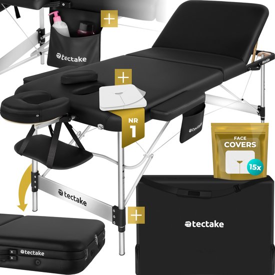 tectake® 3-Zones Massagetafel - 78cm Breed - Behandelbank met 5cm Dikke Vulling en Aluminium Frame - Inclusief 15 Hoofdsteundoekjes en Draagtas - Max Draagvermogen 230kg - Zwart