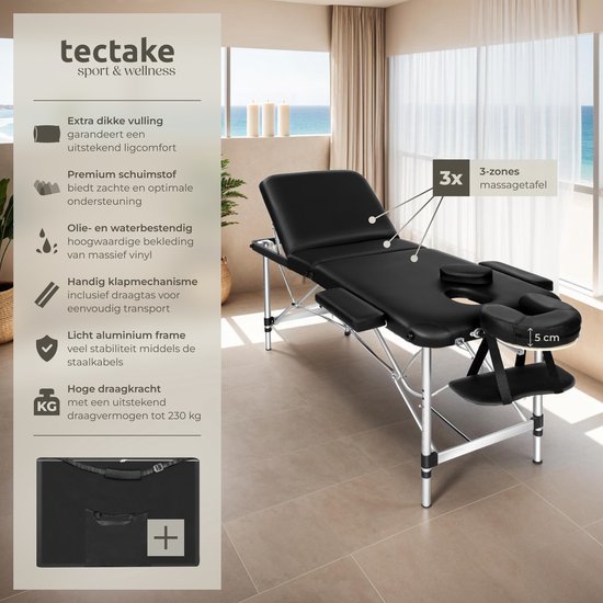 tectake® Mobiele Aluminium Massagetafel - 3 Zones - Opvouwbare Behandel- en Tatoeagetafel - In Hoogte Verstelbaar – Inclusief Opbergtas - Zwart - Max Draagvermogen 230kg - Behandelbank, Behandeltafel, Bed