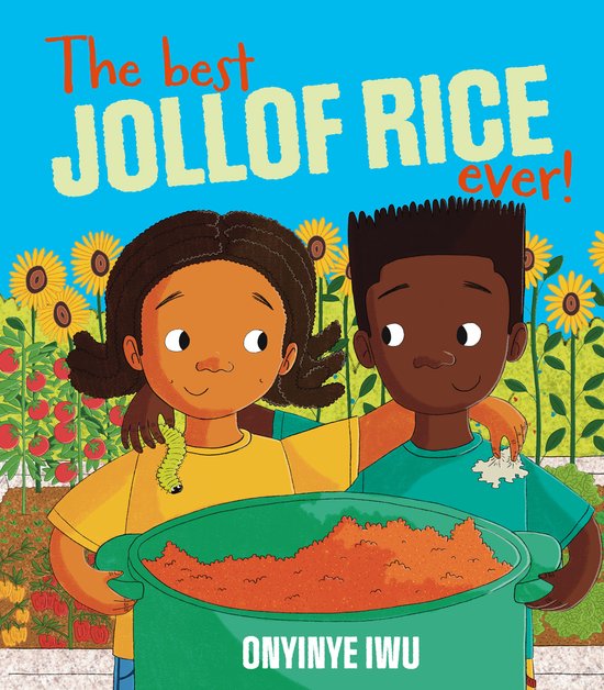 Een jongen en een meisje houden een groene bak met Jollof rijst vast. De titel 'The best JOLLOF RICE ever!' staat bovenaan, met OYINYE IWU onderaan.