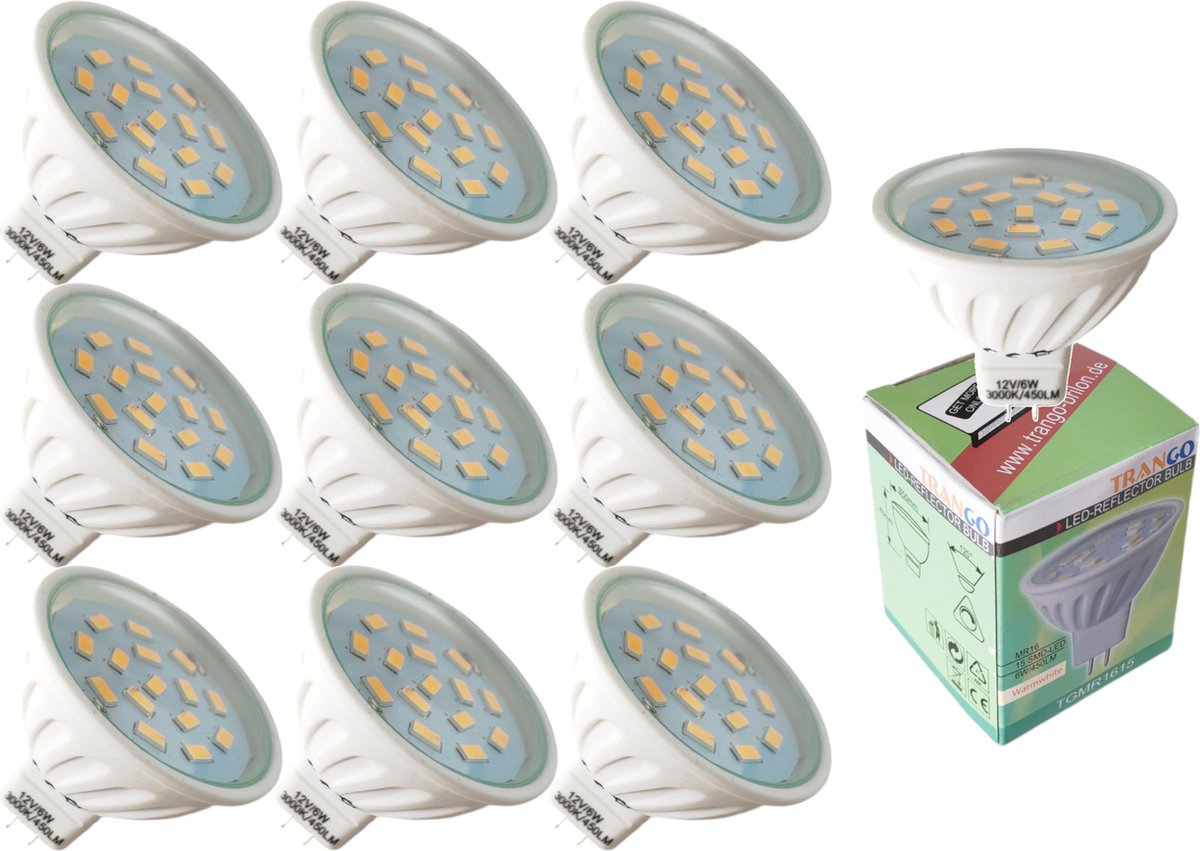 Trango Set van 10 LED lampen MR1615*10 dimbaar 6 watt 450 lumen 12 volt 3000K warm wit met MR16 I GU5.3 I G4 fitting ter vervanging van conventionele halogeenlamp, reflectorlamp, LED lampen