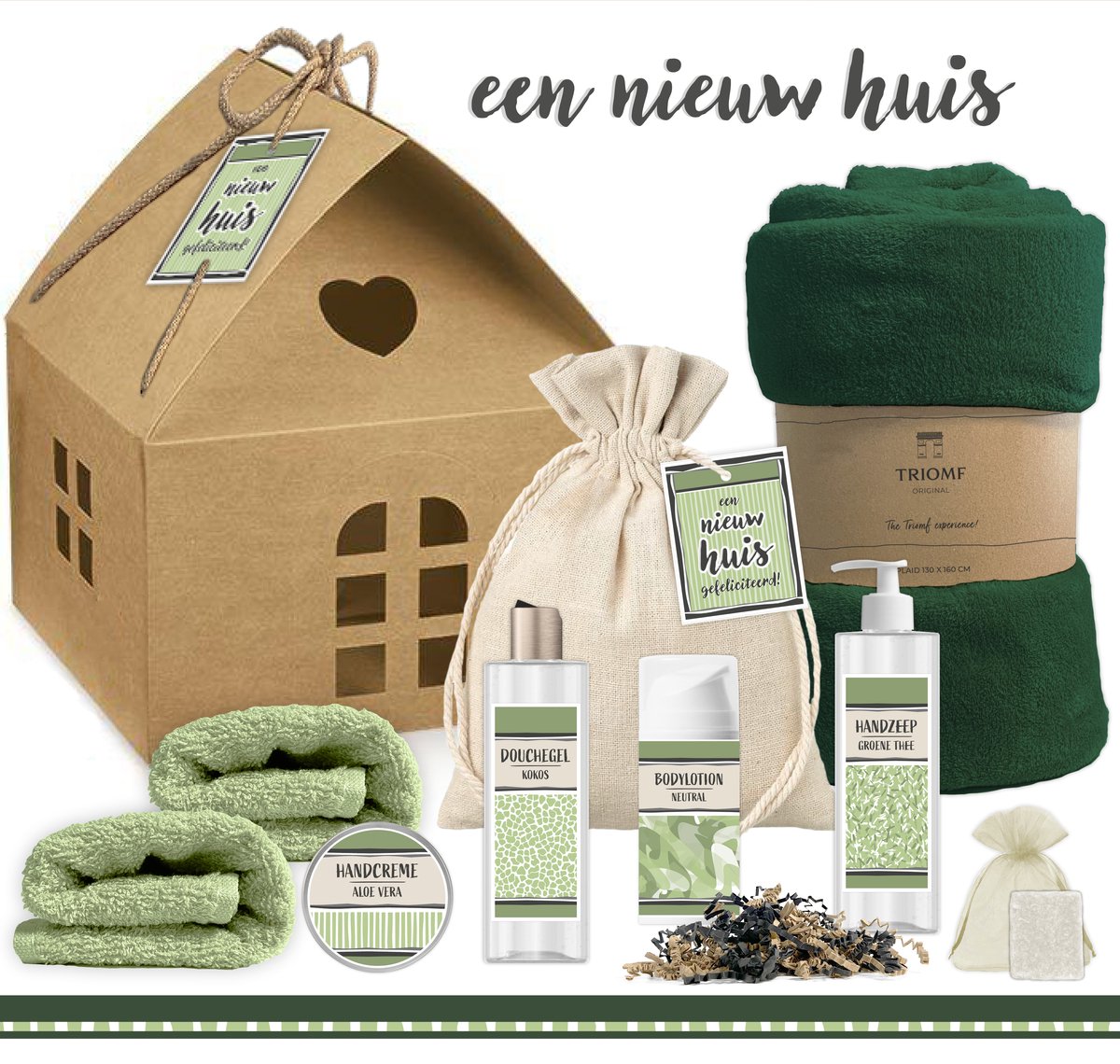 Goedkoopste Geschenkset “Een Nieuw Huis!” - 9 producten - 1350 gram | Cadeau Vrouw - Cadeau Man - Een nieuwe woning - Wellness Giftset Deluxe - Pakket Verhuizing - Cadeau appartement - Verhuispakket - Giftset Badkamer Vrouw - Housewarming Party Gift - Groen