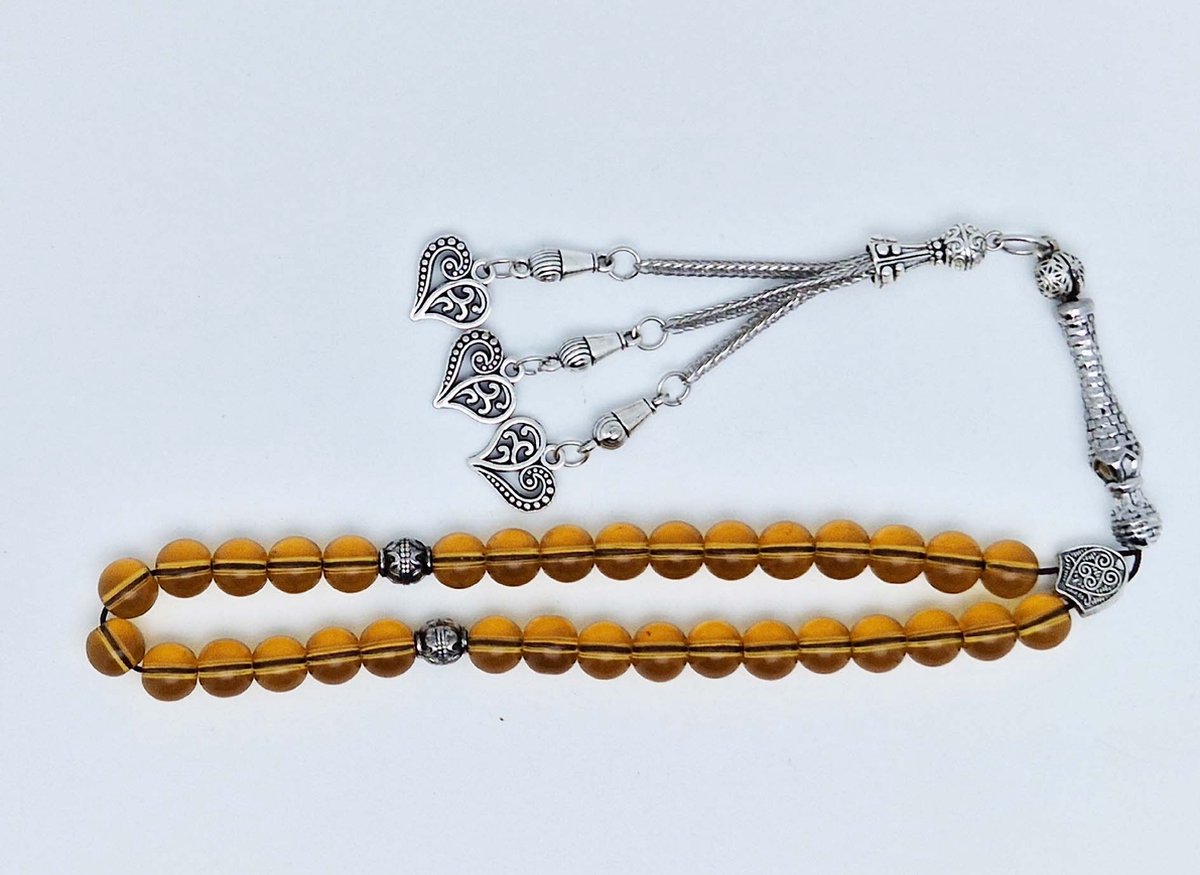 Handgemaakte tesbih klassiek - "Tasbih" natuursteen "Citrine" - Aantal kralen 33 - Diameter kralen 8 MM - met metaal tassel "Harten" - Een mooi cadeau-idee