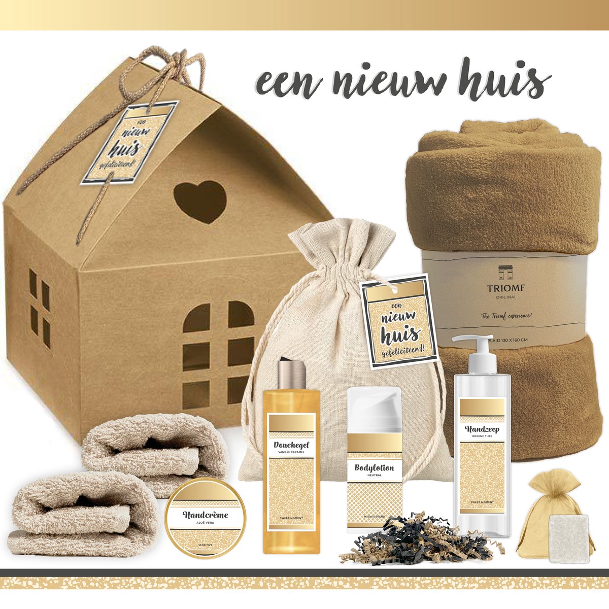 Goedkoopste Geschenkset “Een Nieuw Huis!” - 9 producten - 1350 gram | Cadeau Vrouw - Cadeau Man - Een nieuwe woning - Wellness Giftset Deluxe - Pakket Verhuizing - Cadeau appartement - Verhuispakket - Giftset Badkamer Vrouw - Housewarming Party Gift Set - Goud