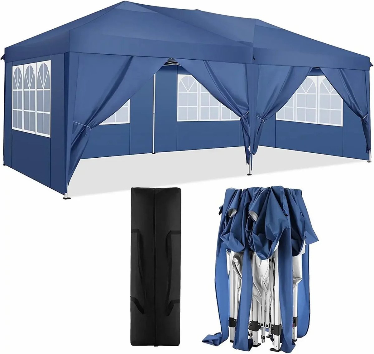 Easy up partytent - Paviljoen tent - 3x6 m Partytent opvouwbaar - Waterdicht - Incl. opbergtas - Met zijwanden - Aluminium frame - HDPE zeil
