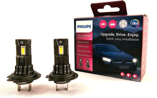 Twee Philips Ultinon Access LED-lampen met zwarte behuizing, naast de verpakking.