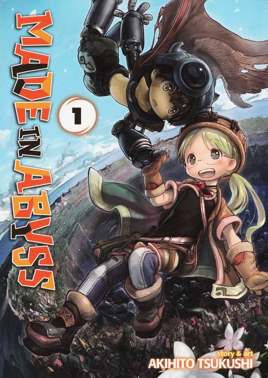 De voorkant van het 'Made in Abyss' manga boek, volume 1. Riko en Reg zweven boven een gedetailleerde, afdalende wereld.