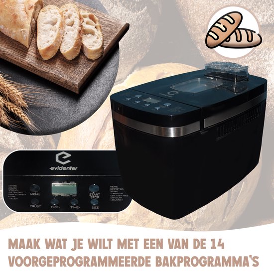 Zwarte broodmachine met een groot goudbruin brood erin. Close-up van het bedieningspaneel met 14 bakprogramma's.