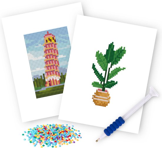 Rubye® Mini Diamond Paintings - 2 stuks - Set - Volwassenen - Diamond Painting Kinderen - Toren van Pisa & Kamerplant - 15x20cm