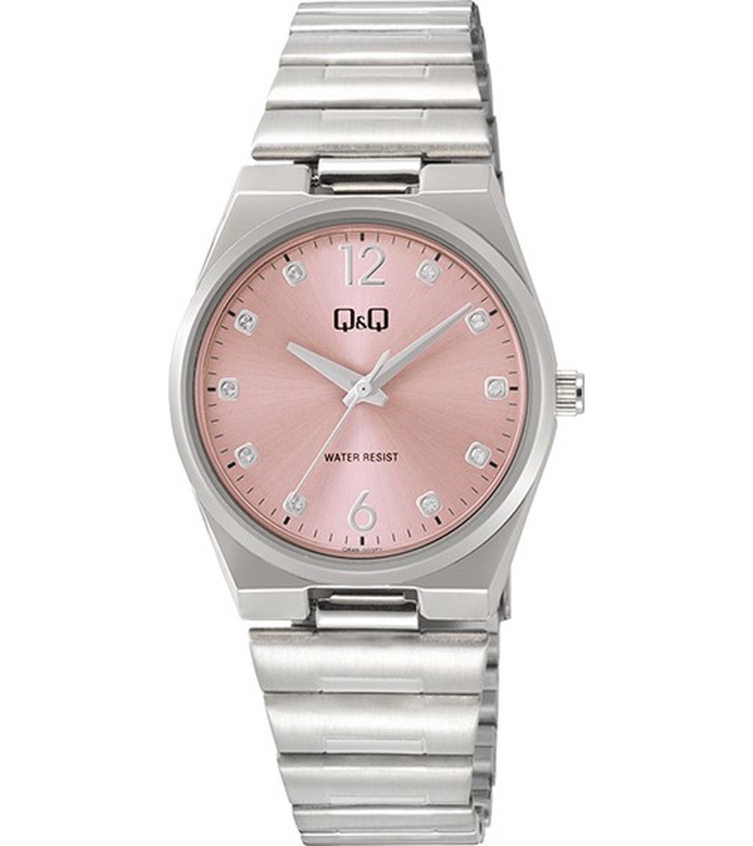 QQ Q84B-003PY - Horloge - Polshorloge - Analoog - Dames - Vrouwen - stalen band - Metaal - Overig - Cijfers - Stippen - Briljanten - Zilverkleurig - Roze