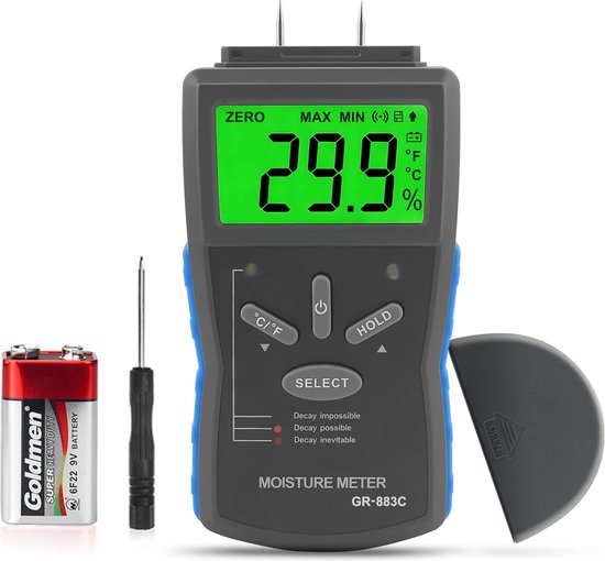 Foto: Houten vochtmeter met pin digitale vochtmeter voor hout verstevigde materialen handheld vochtsensor met 3 kleuren indicatoren en achtergrondverlichting lcd display vochtmeting voor hout bouwmaterialen en omgevingstemperatuur