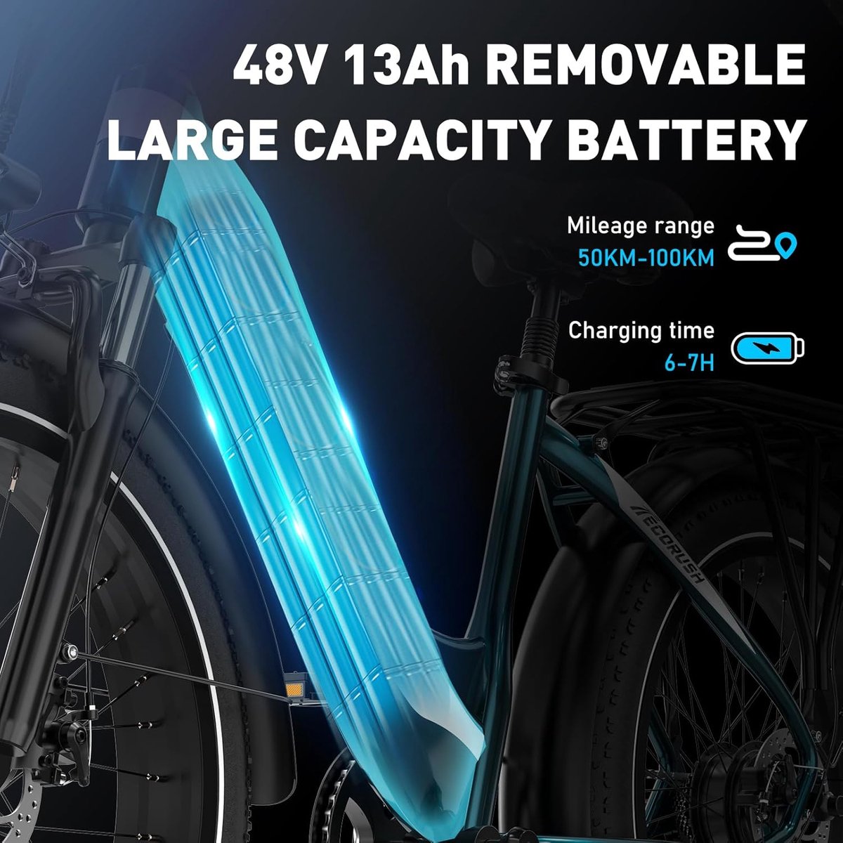 ECORUSH Elektrische Fiets ECO R3 - Trendy 26*4.0 Inch Fat Tire City Commuter EBike met Afneembare 48V 13Ah Lithium Batterij - Mountain E-Bike met 250W Motor - 7 Versnellingen - IP54 Waterdicht – foto 4