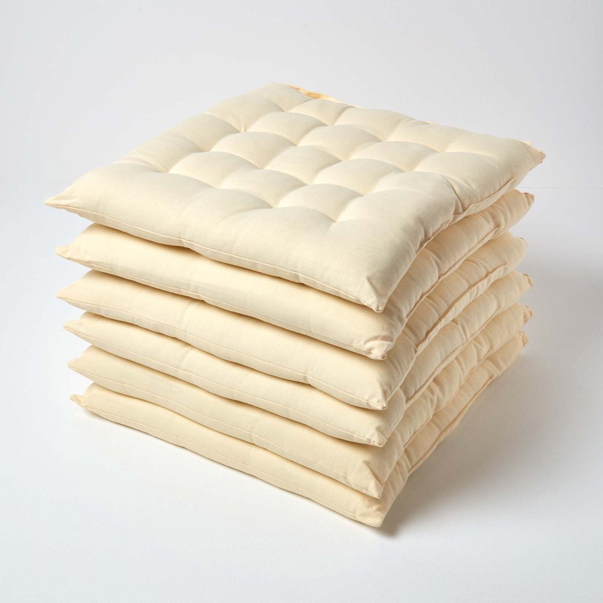 Homescapes stoelkussens – set van 6 zitkussens – katoen – 40x40 cm – crème – met lint – voor eetkamer & buitengebruik