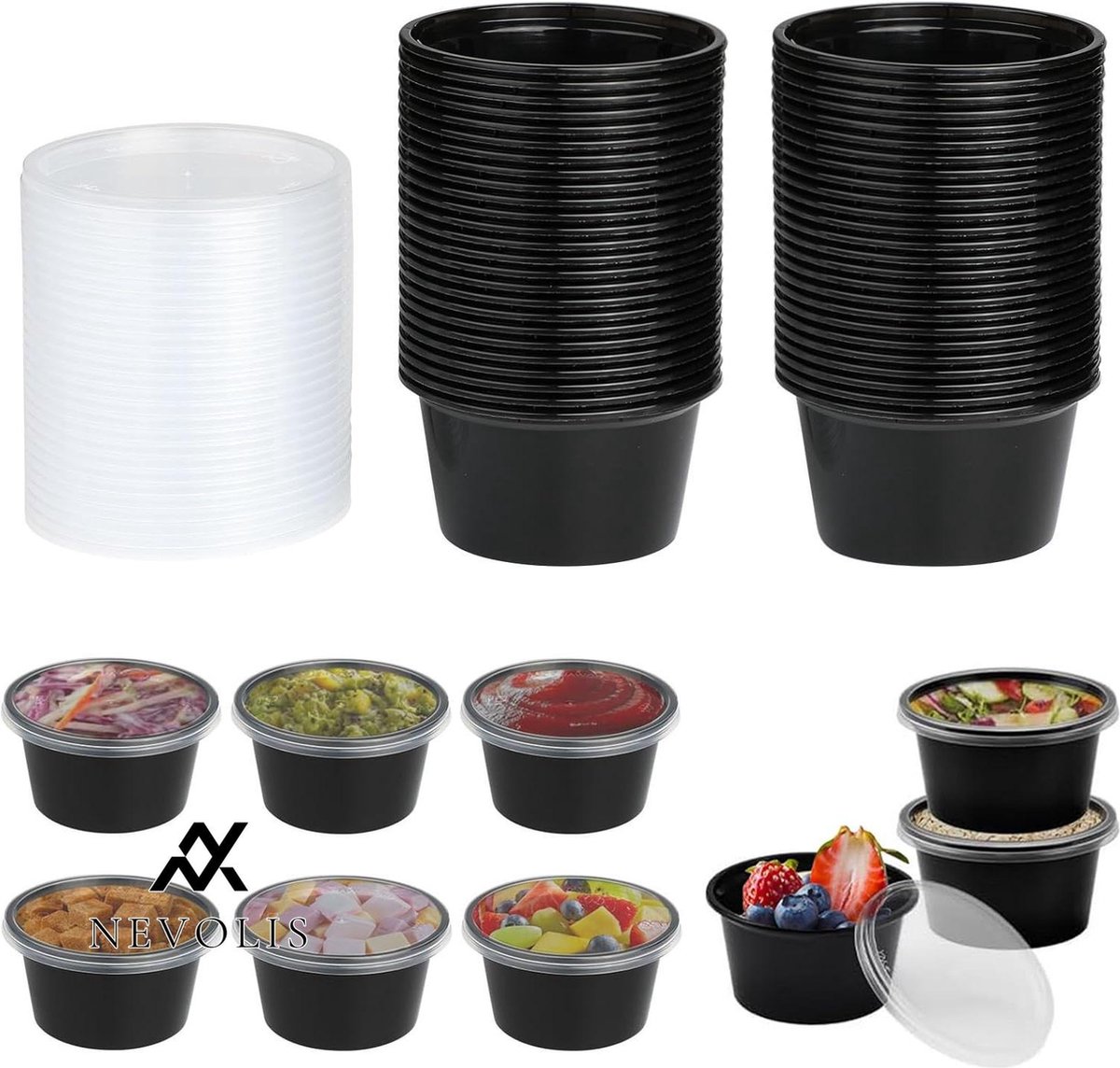 Nevolis 50 stuks plastic containers met deksels - 100 ml plastic sauspotten ronde kruidenpotten herbruikbare potjes lekvrije voedselopslag voor afhaalmaaltijden dips salades magnetron en .