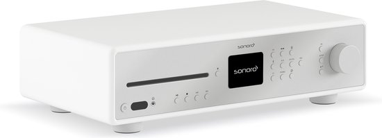 Witte Sonoro audioreceiver met CD-speler, display, diverse knoppen en volumeknop, schuin van voren gezien.