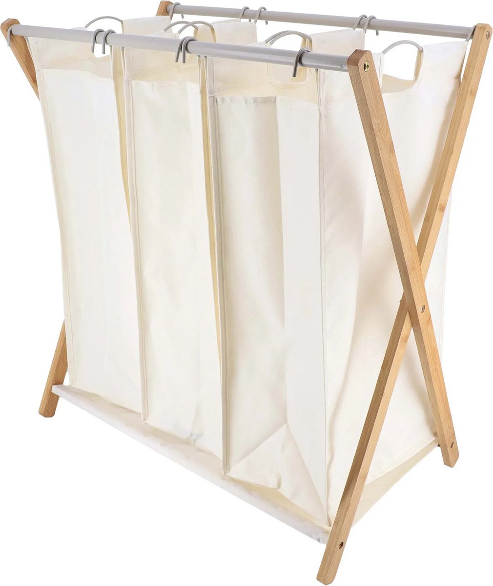 Goedkoopste Tendance Wasmand met 3 compartimenten - bamboe hout - wit - inklapbaar - was sorteren
