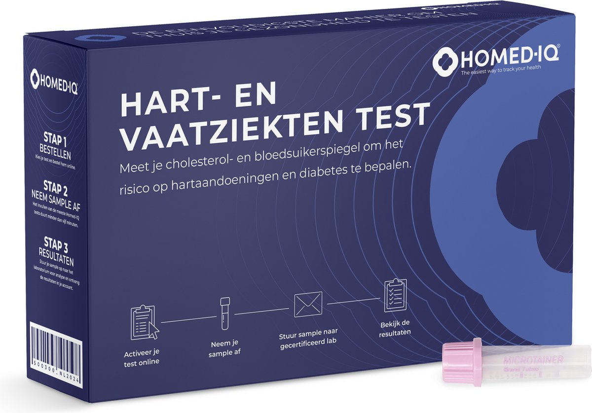 Goedkoopste Homed-IQ - Hart- en vaatziekten test - Thuistest - Test controleert de bloedsuikerspiegel, triglyceriden en cholesterol en lipiden