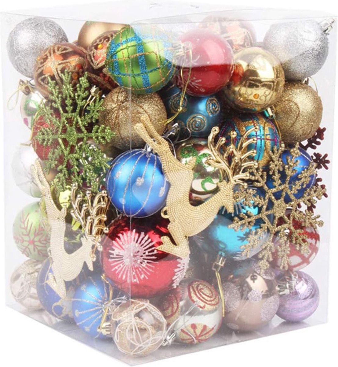 oCreon Kerstballen Set 60-70 Stuks - Mat Veelkleurige Plastic Ballen 3-8 cm met Hangende Touwen