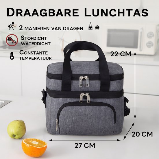 Geïsoleerde Grote Koeltas - Lunchtas Dubbellaagse Opslag - 12 L Picknicktas - Slijtvast 600D Oxford Materiaal - Warmte / Koude Retentie 12 uur - Lekvrij / Waterdicht / Stofdicht - Drank, moedermelk, lunch, fruit Bewaren - Grijs — afbeelding 4