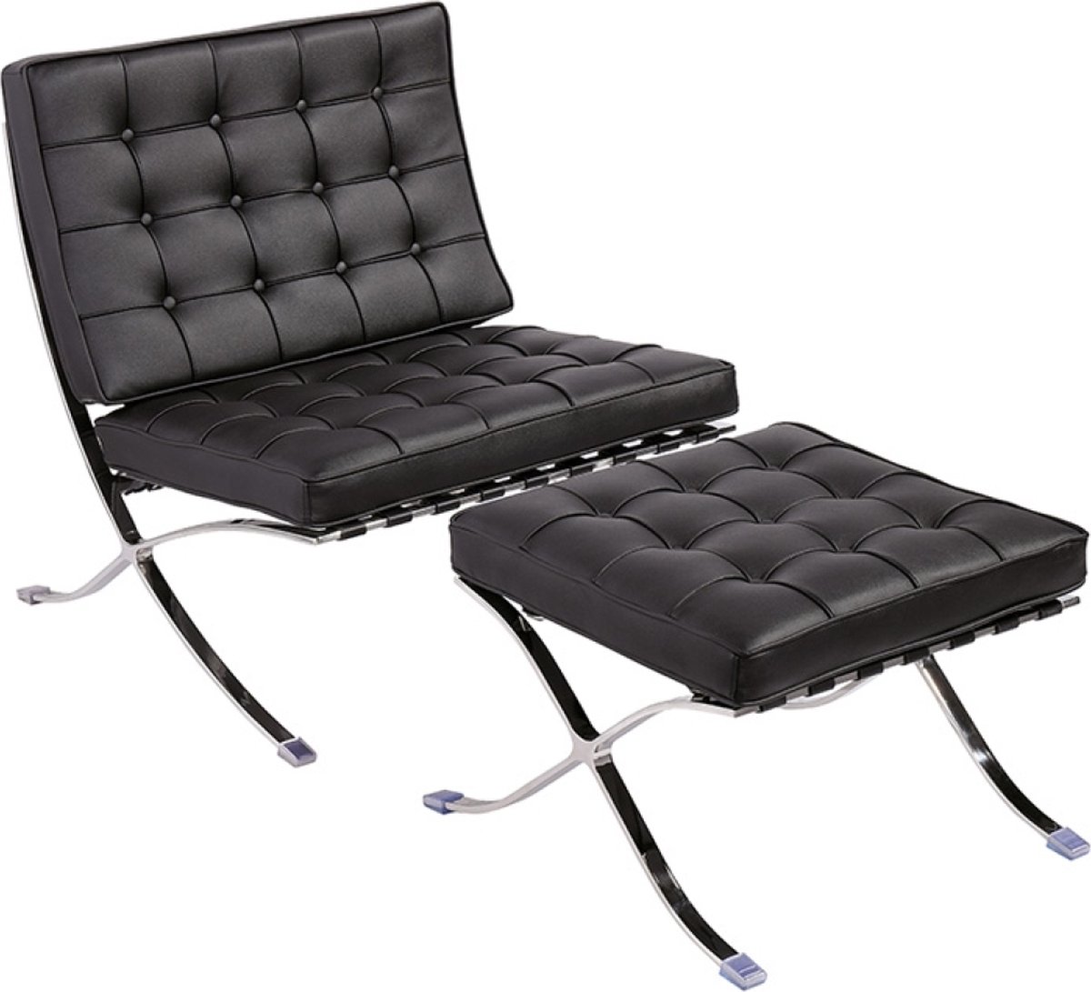 OHNO - Chicago - Leatherlook Lounge Stoel met Poef - Zwart - Chroomkleur Poten