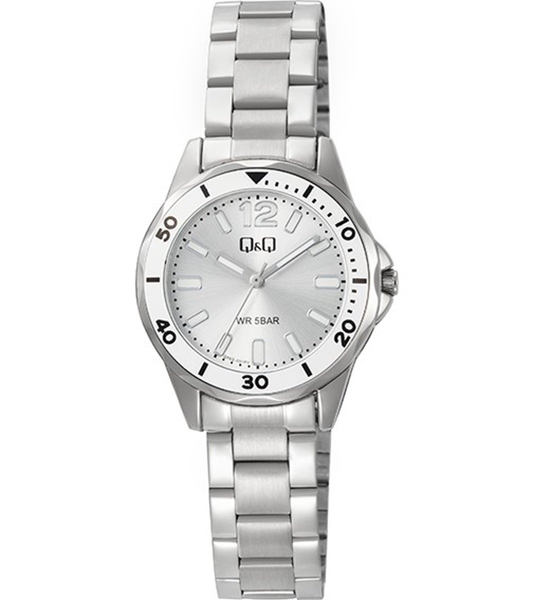 QQ Q88B-001PY - Horloge - Polshorloge - Analoog - Dames - Vrouwen - stalen band - Metaal - Rond - Cijfers - Strepen - Zilverkleurig - Wit