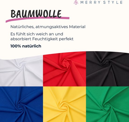Zes gekreukelde stoffen in wit, rood, zwart, blauw, geel en groen. Text met "Baumwolle".