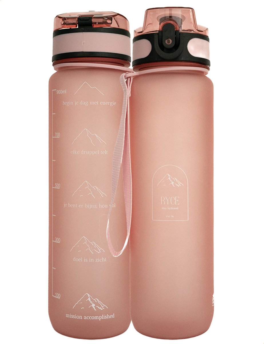 Ryce® Motivatie waterfles - Nederlands - 1 Liter - Drinken met fruit filter - Volwassenen - Kinderen - Roze