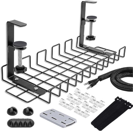 Kabelbeheerlade voor onder bureau, 2 stuks, kabelbeheer onder bureau zonder boor, bureaukabelorganizer met klem, eenvoudig te installeren voor sta- bureausnoerorganizer, bureaudraadbeheer, geen schade