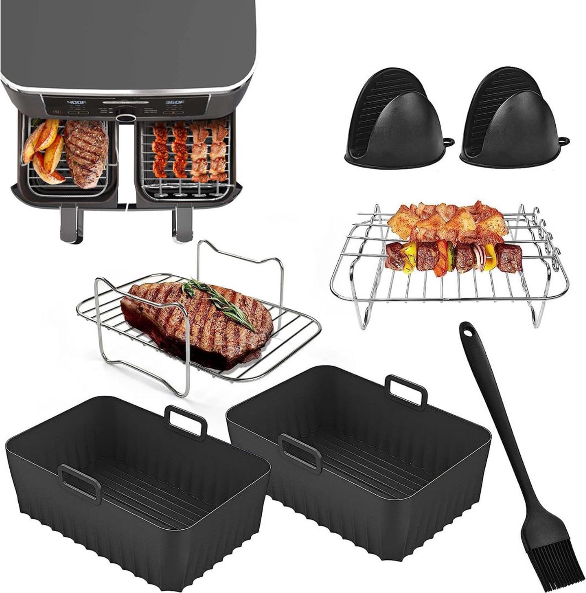 ApexArte® Airfryer Accessoires - Bakpapier - Siliconen Bakje - Mand - Oven Rek
