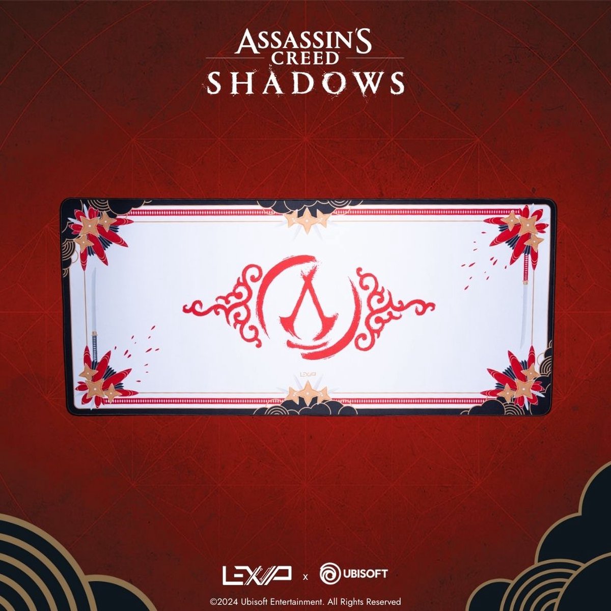 LEXIP X UBISOFT - Assassin's Creed Shadows - Gaming Muismat - 90 cm x 40 cm - Exclusief AC Shadows design - wasbaar - microtextuur - wit, rood