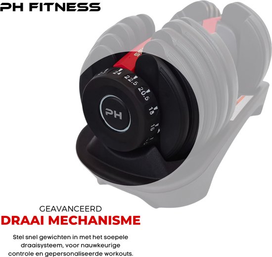 Gedetailleerde afbeelding van het geavanceerde draaimechanisme van een zwarte dumbbell.