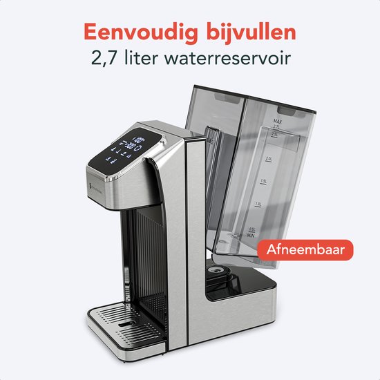 KitchenBrothers Distributeur d'eau chaude - 2,7 L - Écran tactile - Robinet d'eau chaude - Fonction lait - 2600 W - Acier inoxydable/Noir