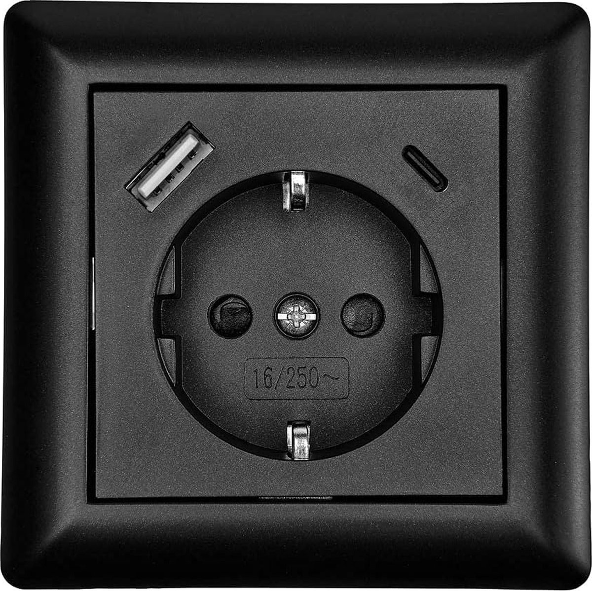 Wandcontactdoos Zwart - Inbouw Stopcontact - WCD - Geaard - Geïntegreerd USB-C en USB-A Poorten - 18 W Vermogen - Snel Opladen - Ingang 250V AC 50Hz 200mA - Afmetingen 80x80x42mm