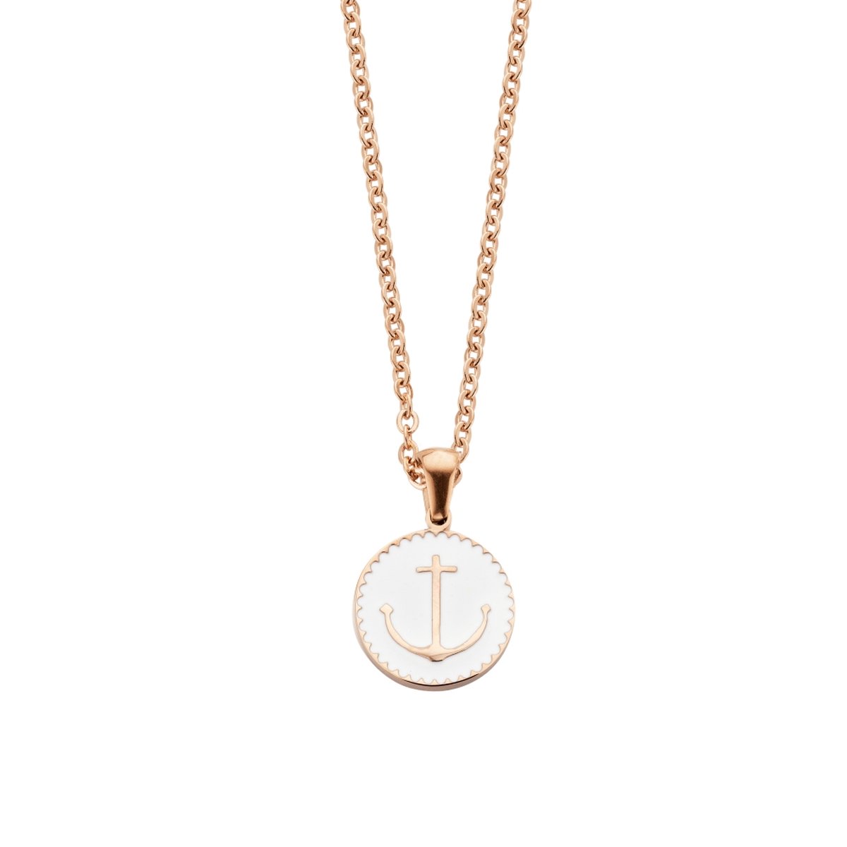 CO88 Collection Majestic 8CN-26044 Stalen Collier met Hanger - Rond met Anker Ø 15 mm - Lengte 42 + 5 cm - Rosékleurig / Wit